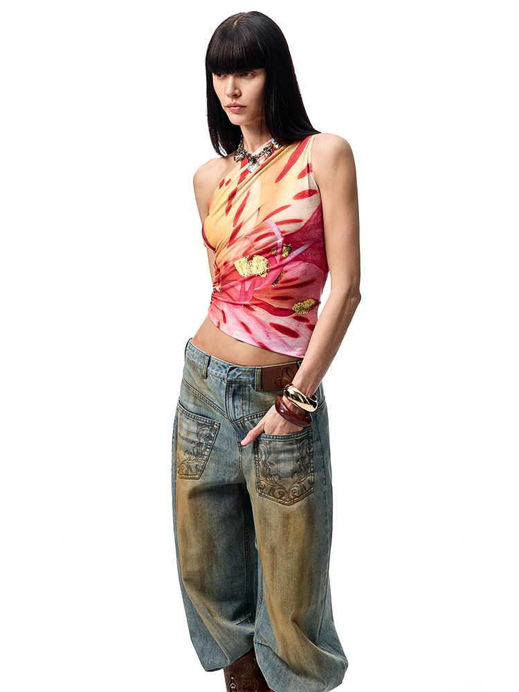 Summer Floral One-Shoulder Vest – Ruffled Slim Fit Sleeveless Top