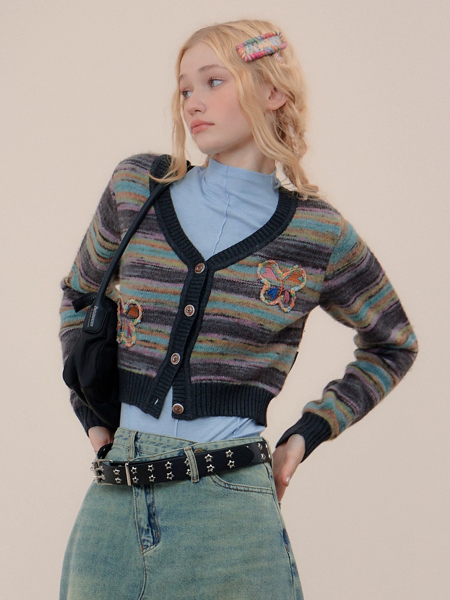 Cárdigan de mariposa a rayas de colores, chaqueta retro de punto con cuello en V corto para Otoño/Invierno