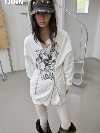 Cat Print Double-Zip Sweatshirt