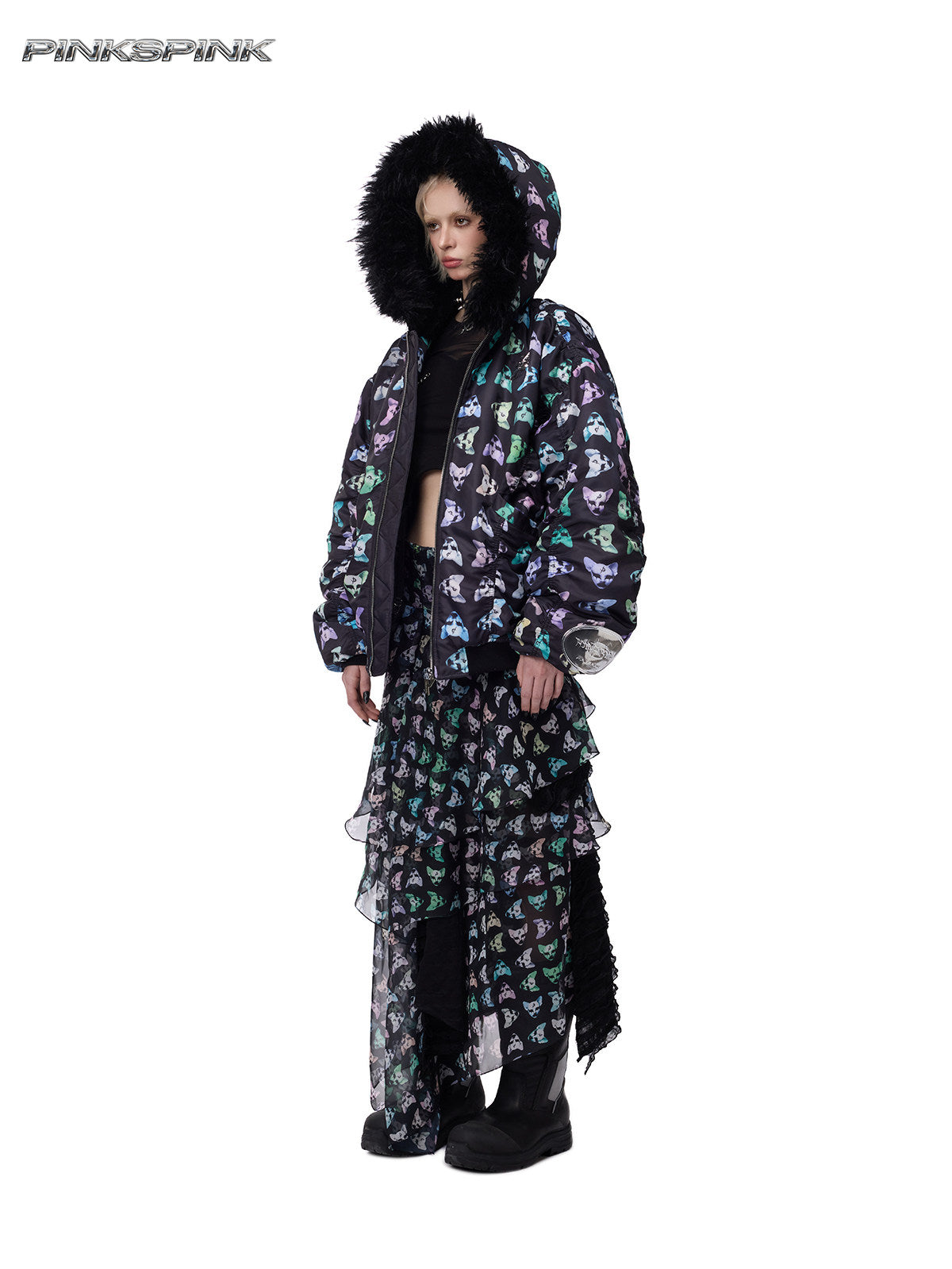 26AW Cat Star Black Metal Mesh Skirt – Y2K Sub-B Girl Group Style