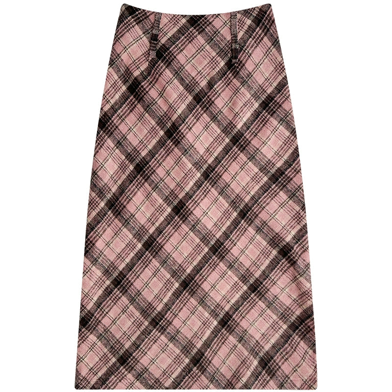 Black Pink Wool Skirt | High Waist Slim Fit Retro Checkered Design