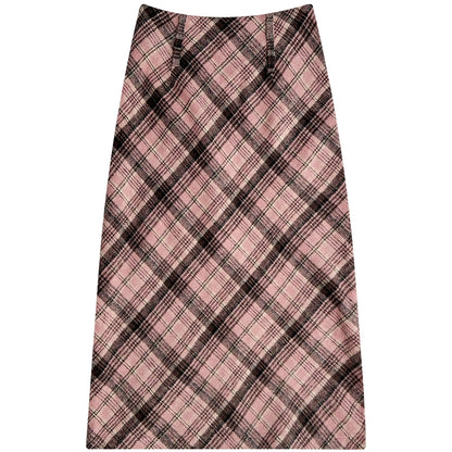 Black Pink Wool Skirt | High Waist Slim Fit Retro Checkered Design