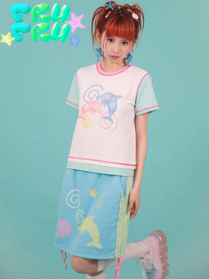 Gulu Store Original Cute Summer White and Blue Colorblock Dolphin Cropped Top with Cartoon Illustration Women's T-Shirt