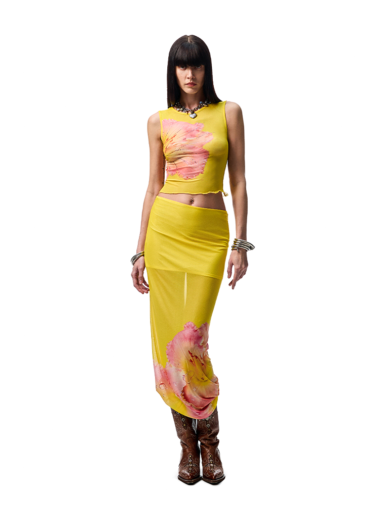 Floral Rhinestone Mesh Vest & Maxi Skirt Set – Elegant Summer Look