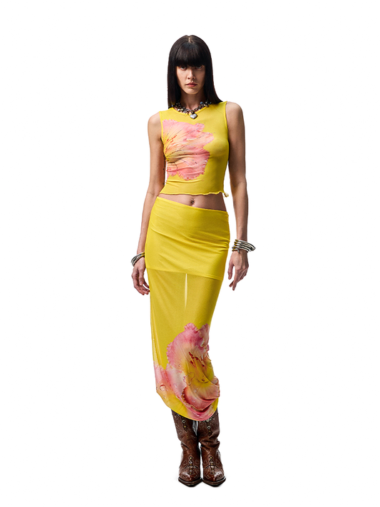 Floral Rhinestone Mesh Vest & Maxi Skirt Set – Elegant Summer Look