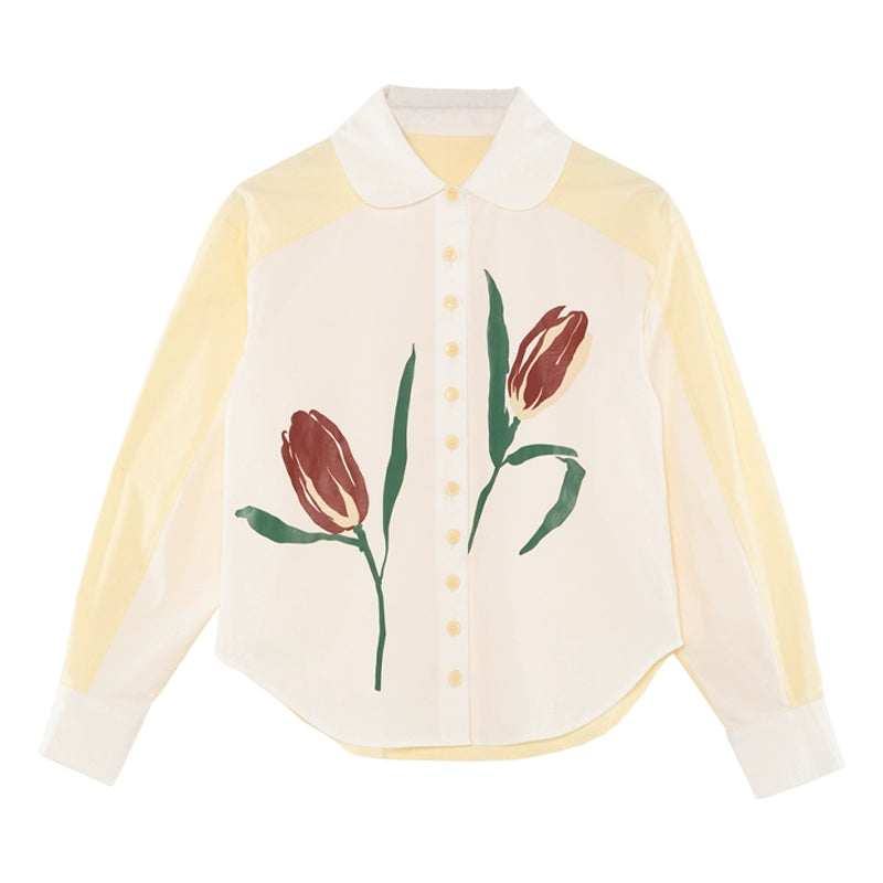 Tulipán pintado a mano: Camisa blanca del cuello de muñeca