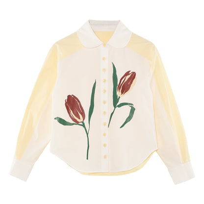 Hand-Painted Tulip: Doll Neck White Shirt