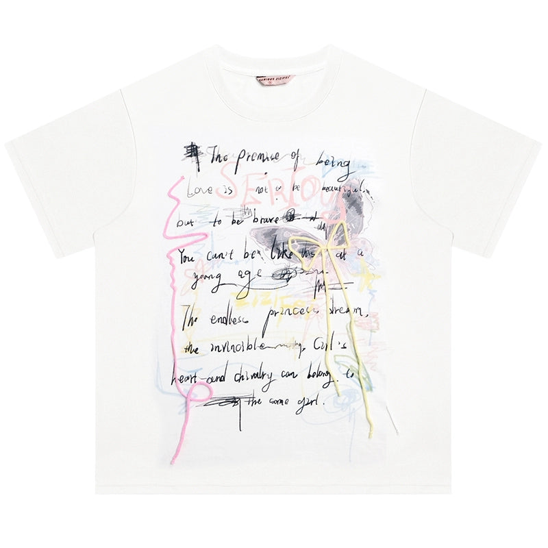 Graffiti Printed Bow T-shirt | Retro English Print Design for Summer