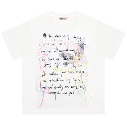 Graffiti Printed Bow T-shirt | Retro English Print Design for Summer