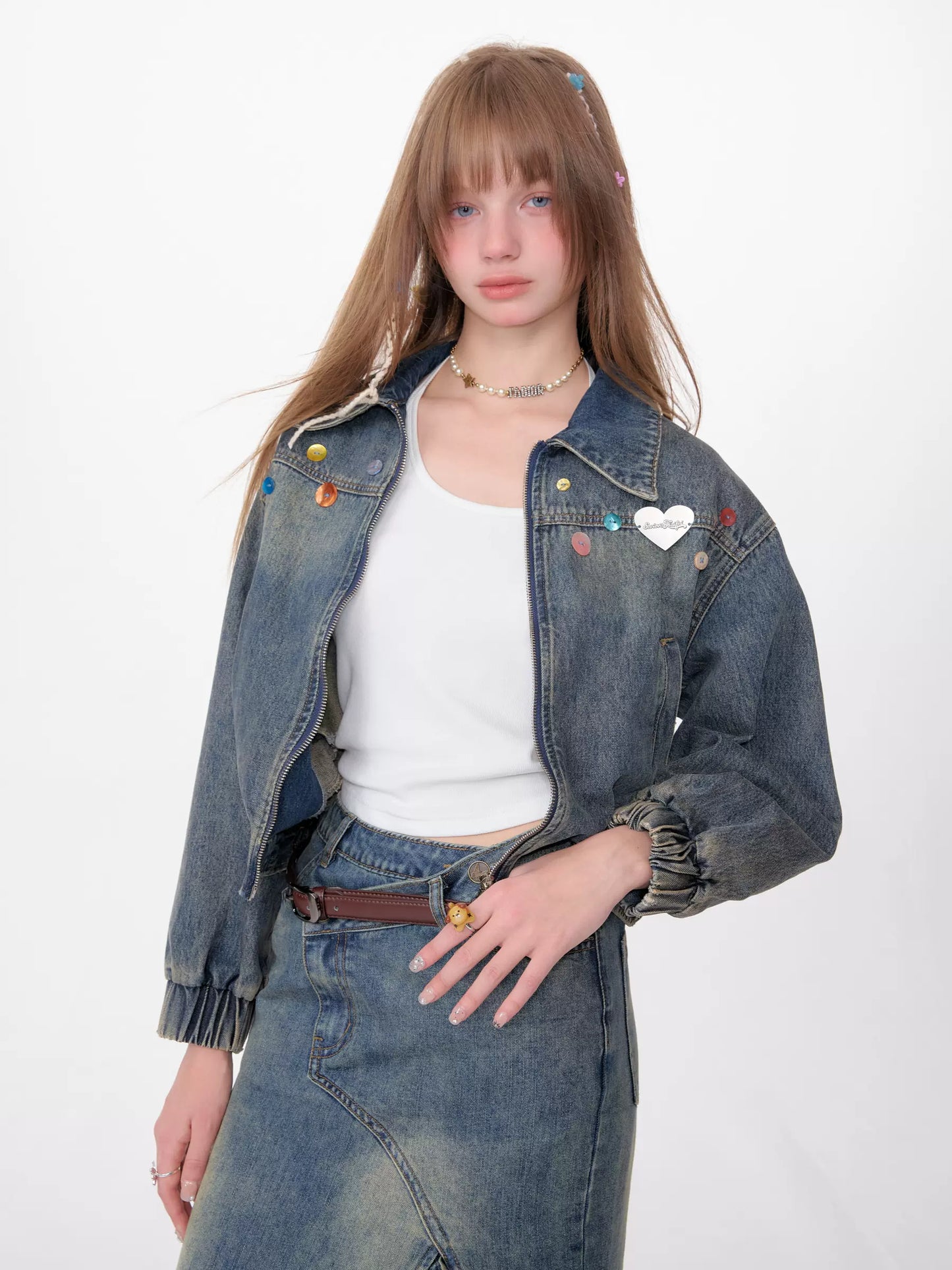 Veste en denim à boucle colorée | Fermeture éclair courte, design rétro américain pour le printemps/été