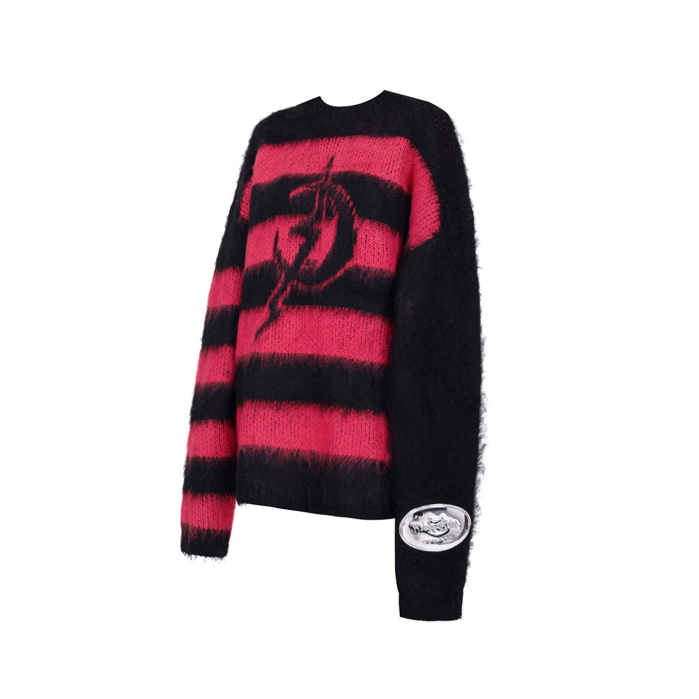 Electric Moon Black and Pink Striped Rock Punk Loose Unisex Y2K Sweater