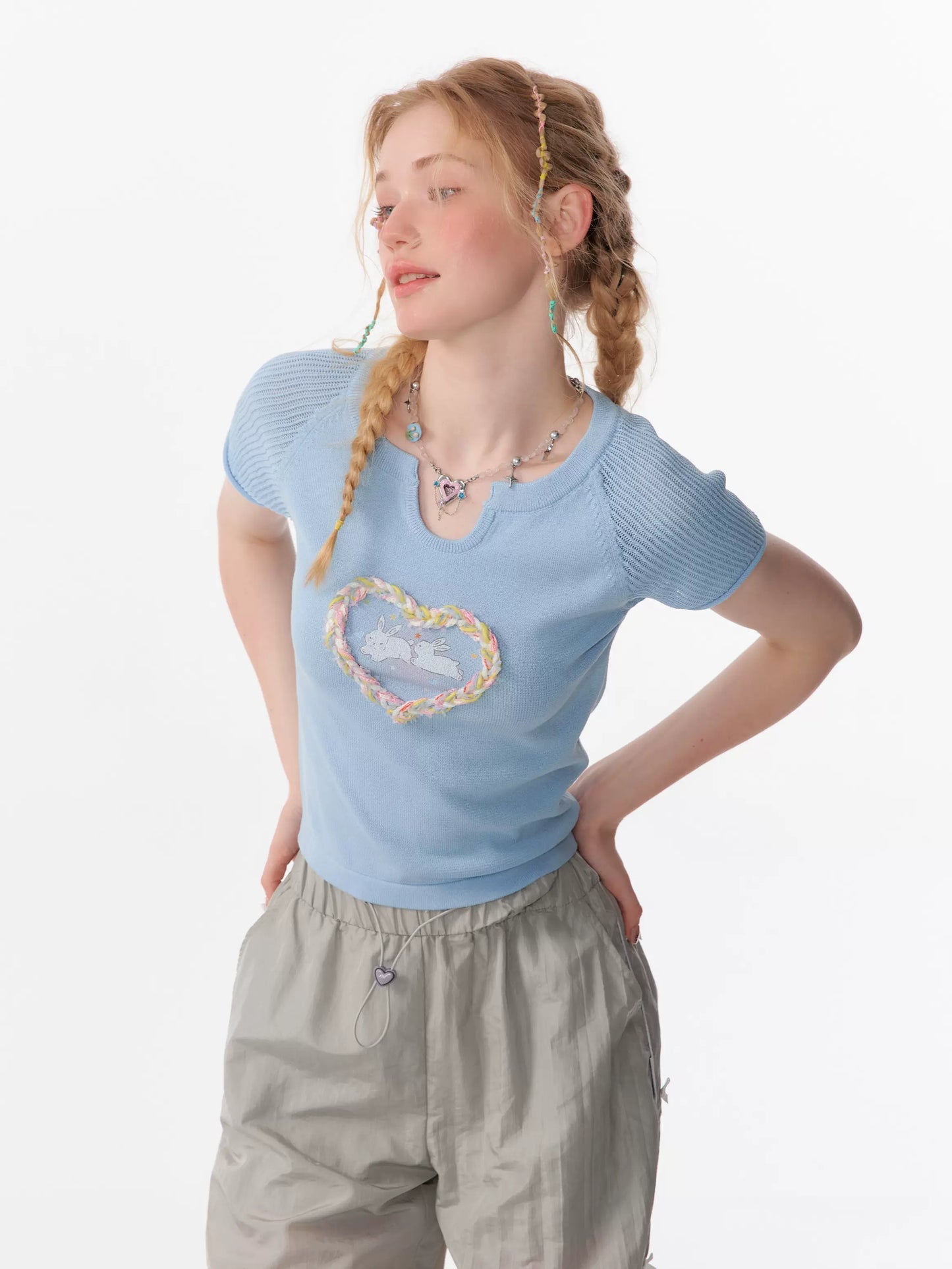 Love Rabbit Printed Hollow T-shirt | Retro Three-Dimensional Knitted Design for Summer