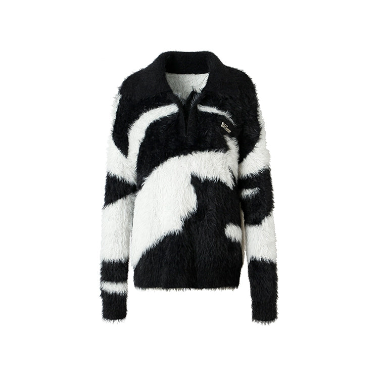 Polo Collar Black and White Mohair Lazy Knit Pullover