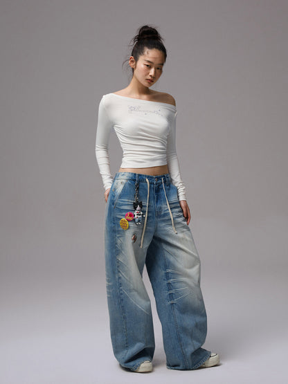 Rhinestone Letter One-Shoulder Top