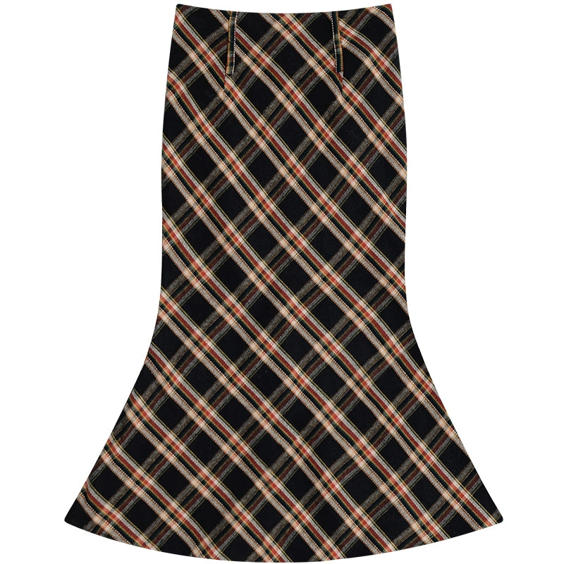 Plaid Wool Fish Tail Skirt | Retro Checkered Autumn/Winter Slim Fit