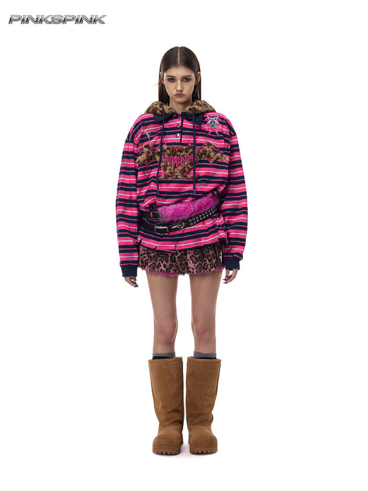 Black Metal Cat Ear Hooded Y2K Sweatshirt – Leopard Stripe