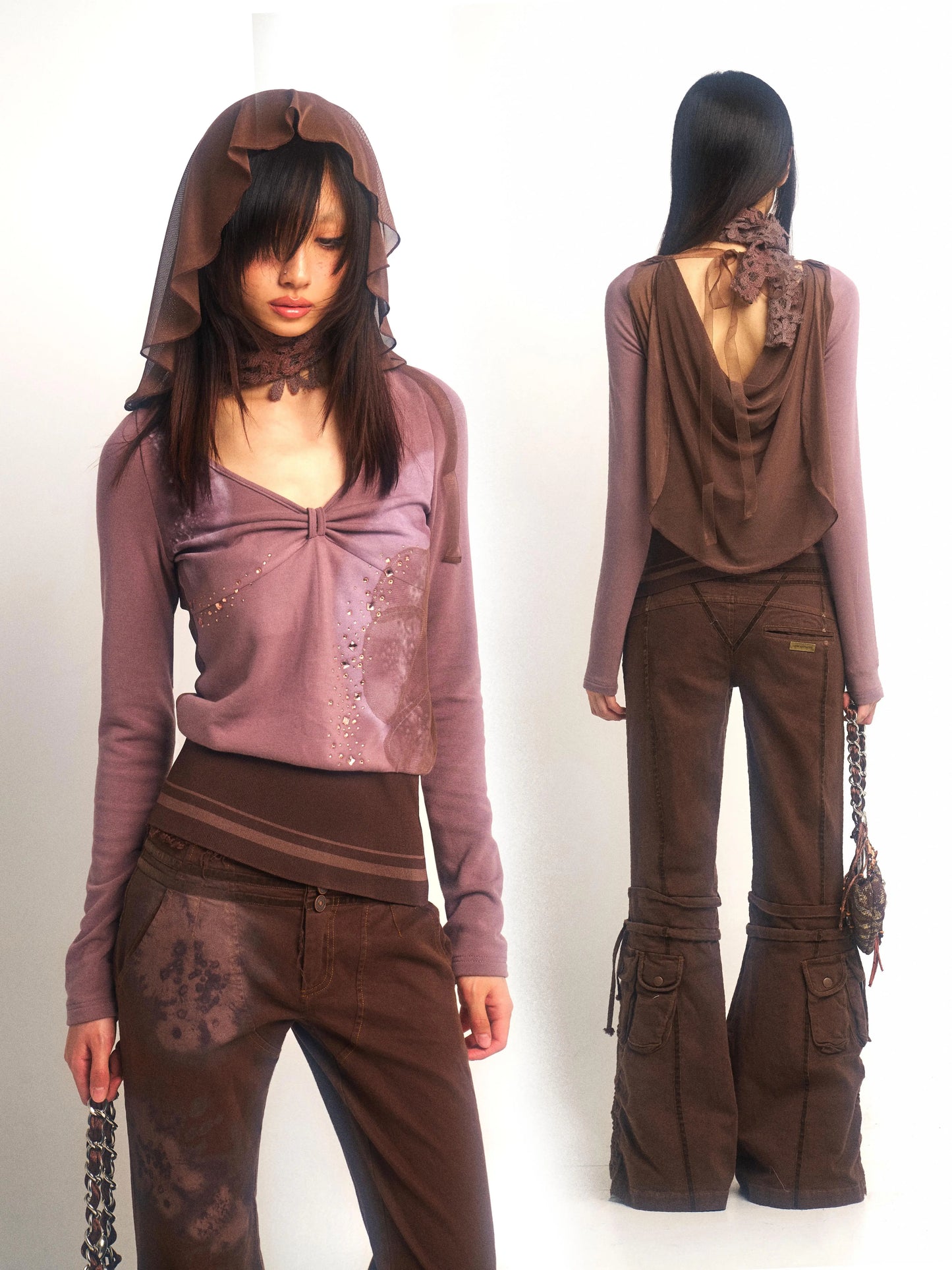 Printed Stretch-Knit Gauze Hooded Top – Soft Fit Style