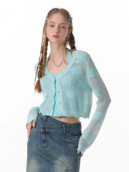 Cardigan a maniche corte con fiocco color menta |. Maglia leggera leggera con protezione solare cava per l'estate