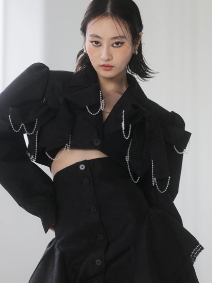 Big Bow Crystal Chain Dark Jacquard Coat