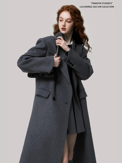 Wool Double Breasted Long Coat - Sleek Shoulder Pads