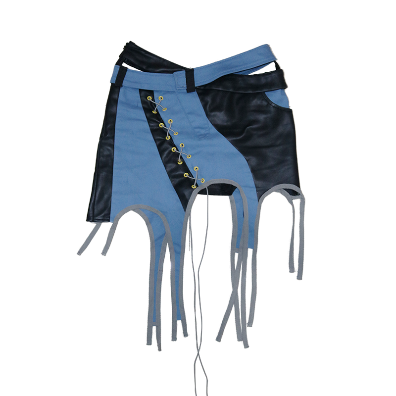 Original Denim Leather Spliced Halfskirt - Irregular Hem