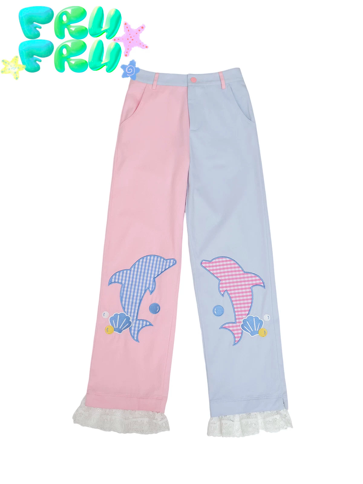 Gollum Store Original Cute Summer Girl Pink Blue Color-Block Dolphin Lace Casual Loose Long Pants