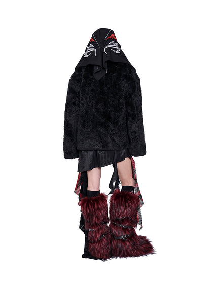 original double-zipper insulated sheep beach wool genderless black basic loose fur jacket