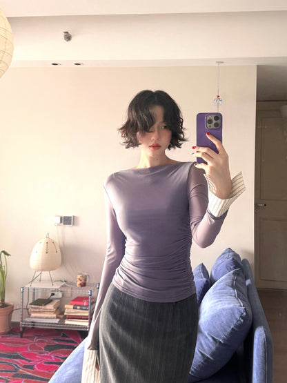 Grey Rhyme Off-Neck Sheer Long-Sleeve Top – Elegant Hong Kong Retro Autumn Wear