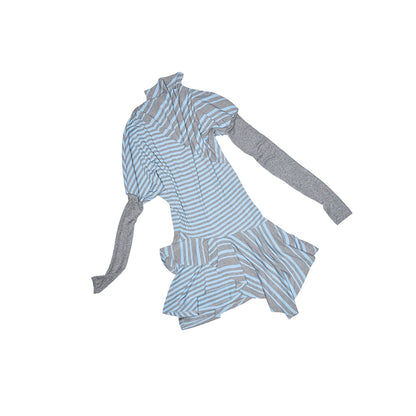 Blue & Gray Patchwork Dress – Contrast Puff Sleeve Long Sleeve Style