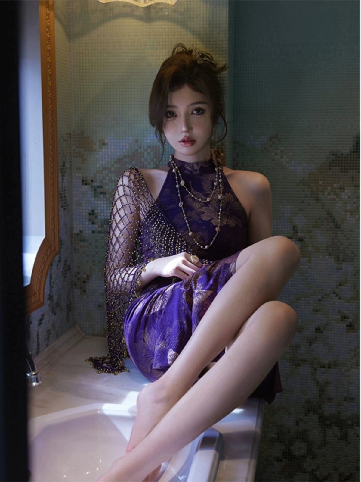 Modern Cheongsam – High-End Purple Jacquard Hip-Wrap Dress