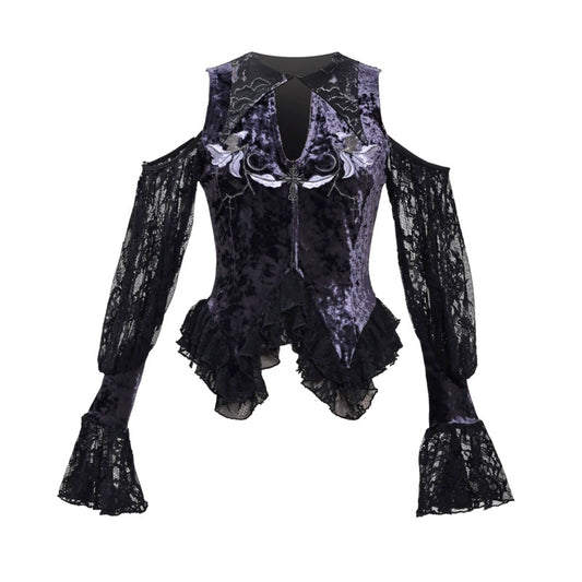 Luna Ritual Velvet Bell Sleeve Gothic Lace Top