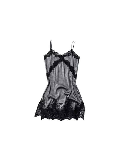 Metallic Lace Slip Dress Top – French Romantic Slim Midi Camisole