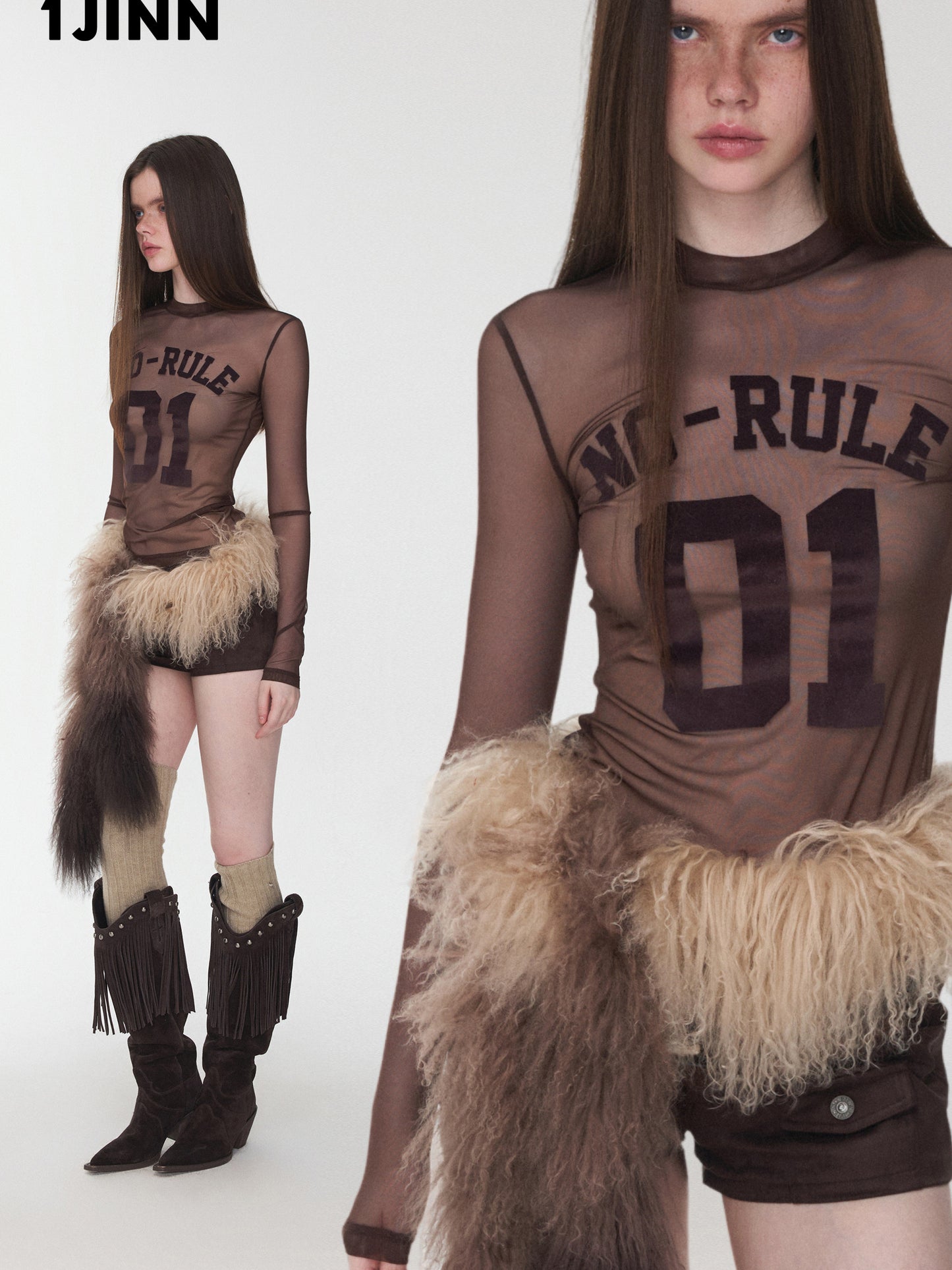 Printed Mesh Turtleneck Top