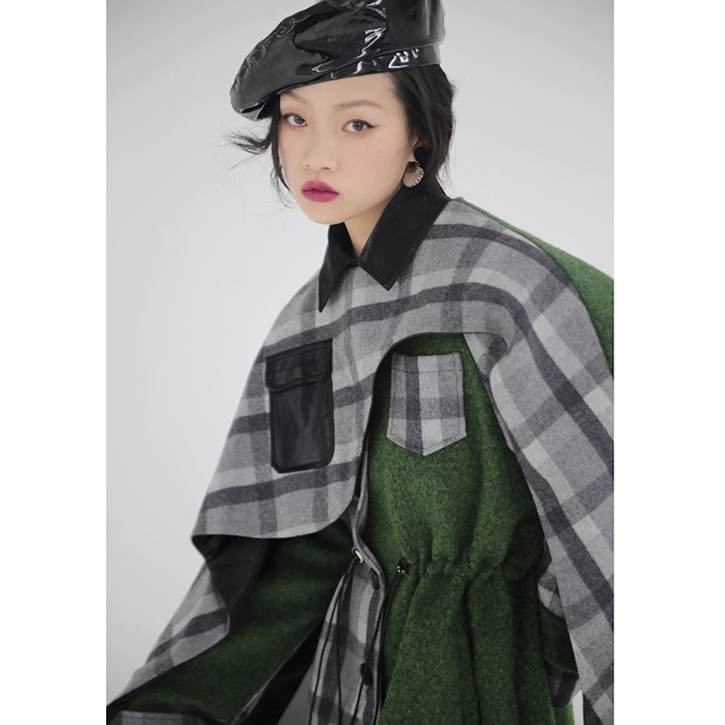 Moss Green Plaid Detachable Cape Coat D426