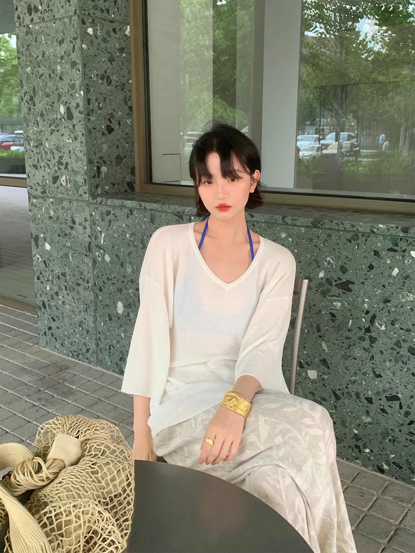 [Cloud Ink Trace] French Printed Slim-Fit High-Waist Trousers