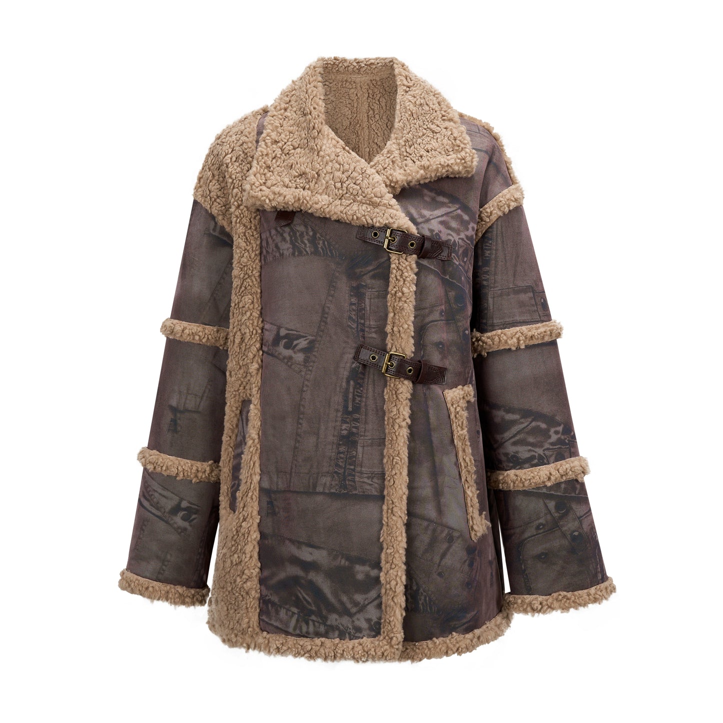 Loose Fit Coffee Printed Leather and Fur Integrated Coat