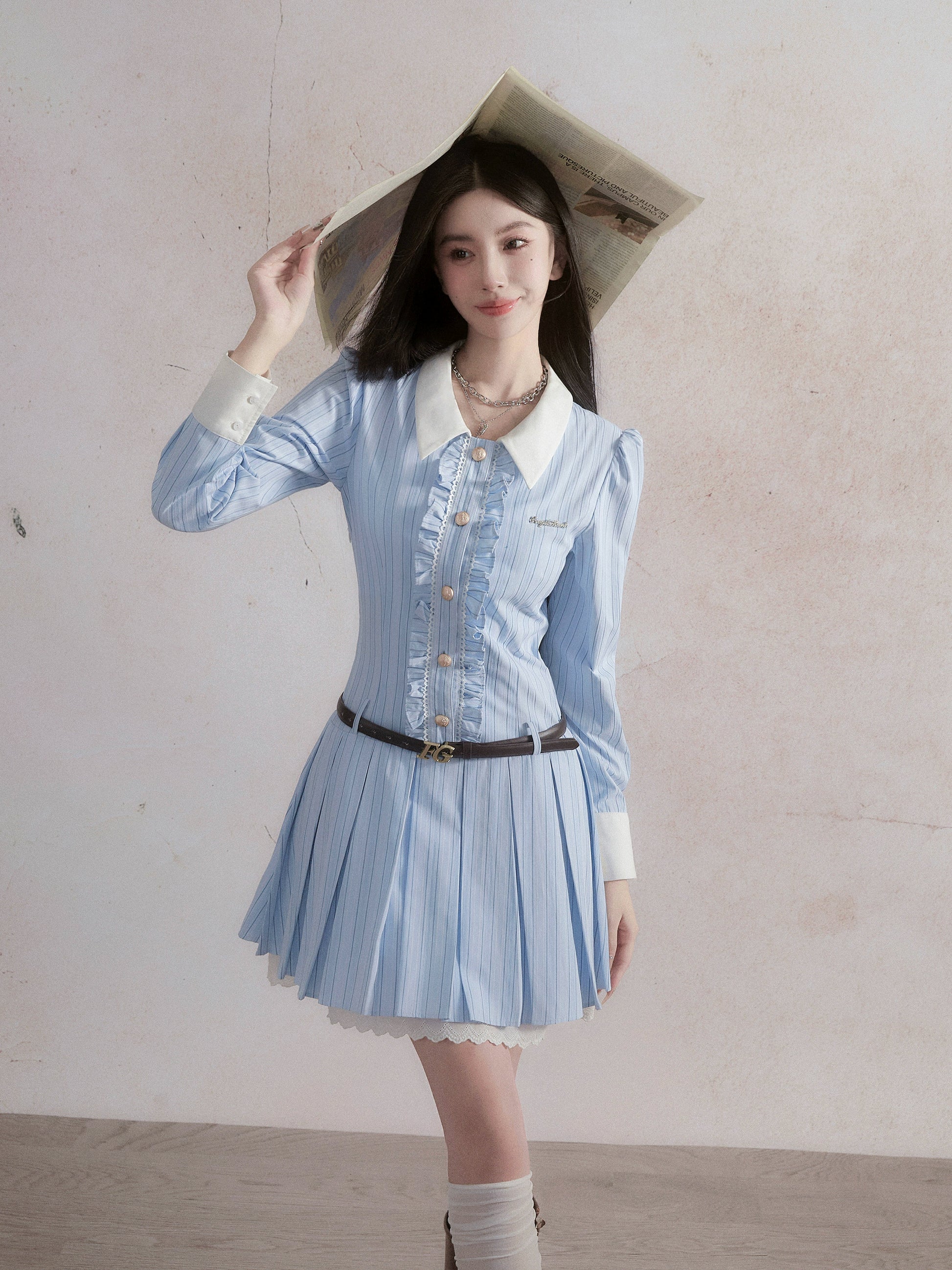 Sweet Academy Style Blue Striped Shirt Dress