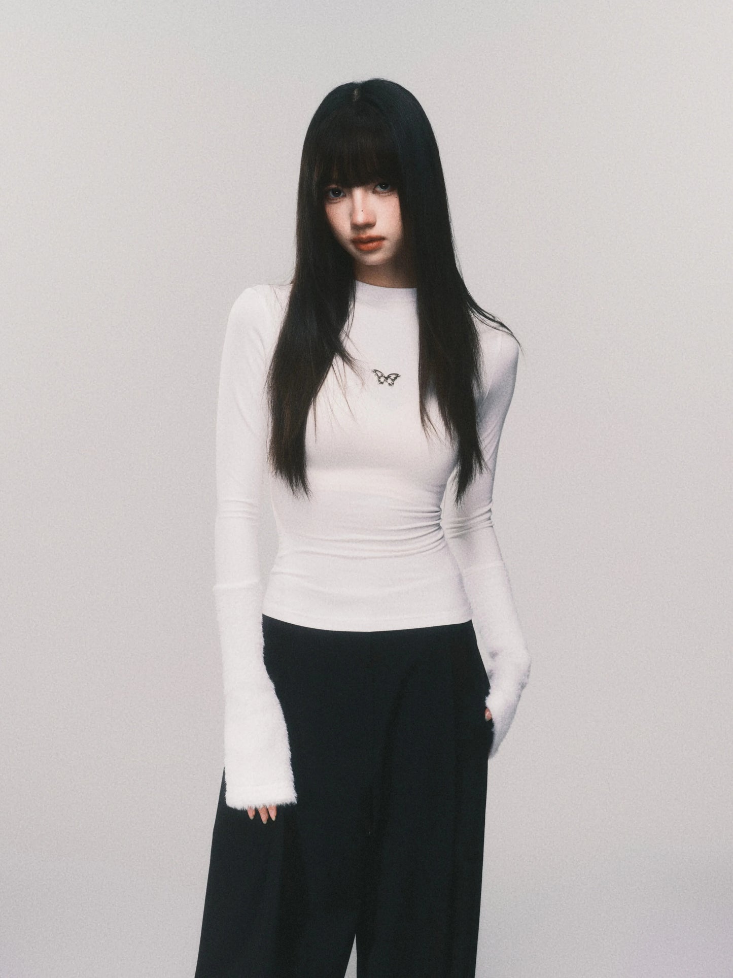 Metallic Butterfly High-Neck Plush Cuff Winter Base Layer