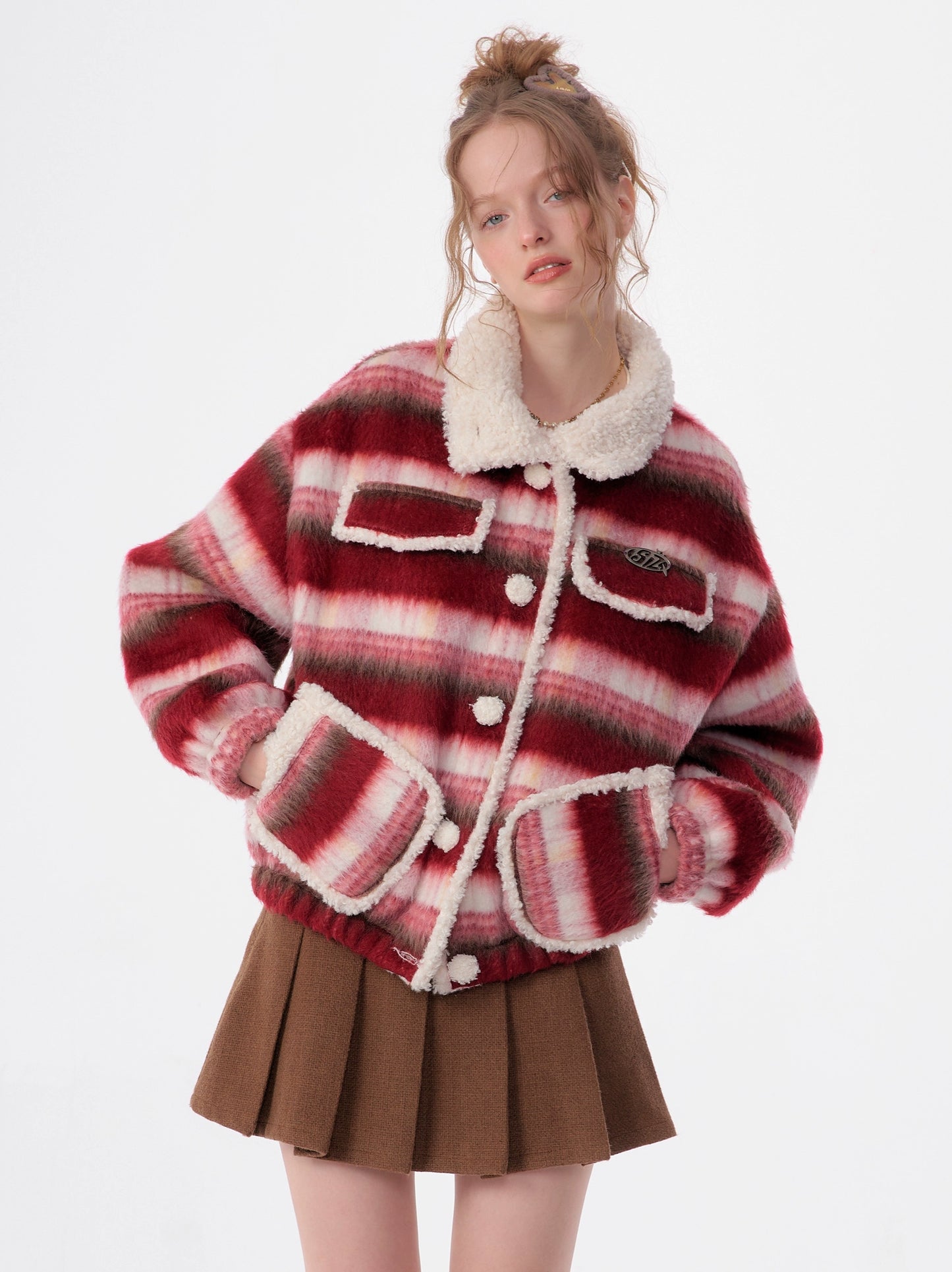 Red Striped Wool Coat | Retro Rabbit Pattern Christmas Design for Autumn/Winter