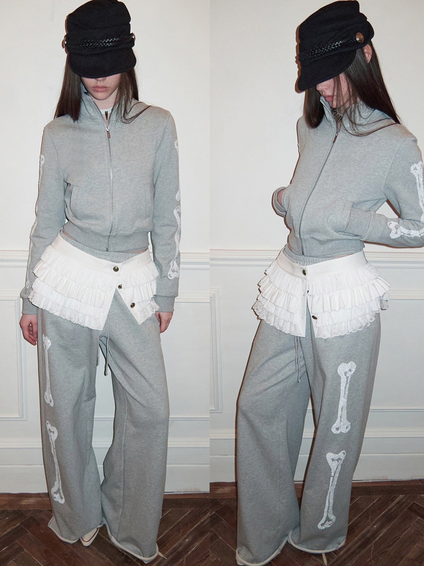 Bone Sequin Embroidered Sweatshirt Set