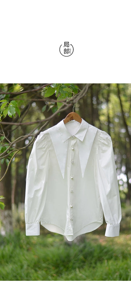فستان الخريف الجديد الأصلي فضفاض الفقاعة الأكمام الفرنسية الرجعية الكبير البولو طوق طويل الأكمام قميص أبيض أنثى أنثى