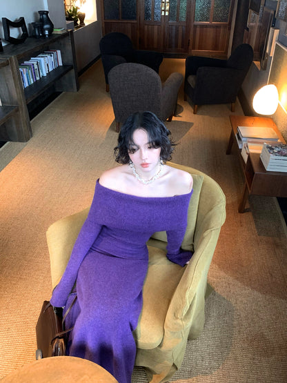 Purple Wind Chime One-Shoulder Mermaid Dress – Retro Autumn/Winter 2025