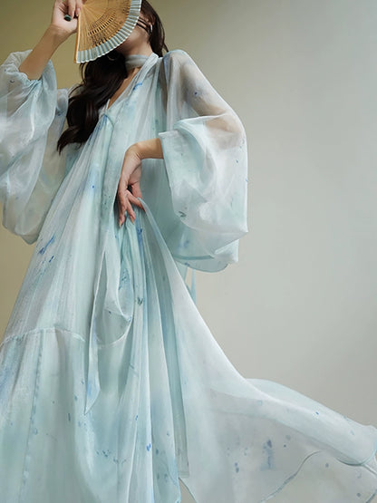 V-Neck Smudge Print Fairy Dress – Soft French Mood