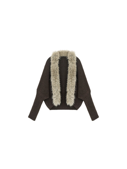 Fur Collar Cropped Knit Cardigan