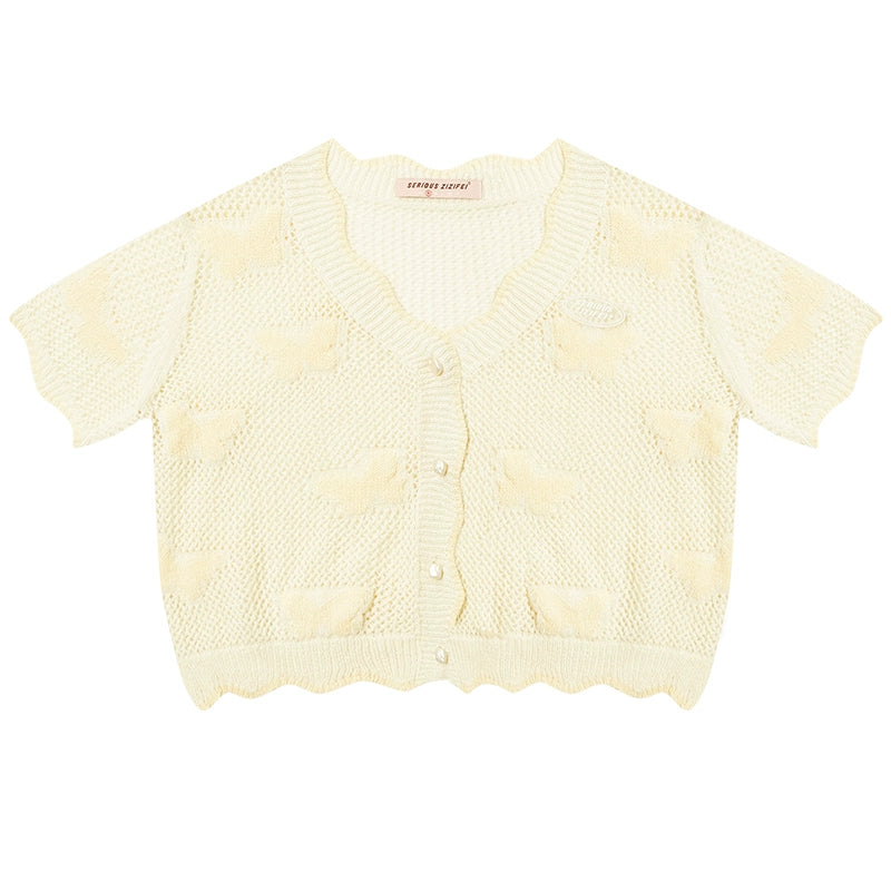 Butterfly Hollow Knitted Short Sleeve T-shirt | Summer Retro Sunscreen Cardigan