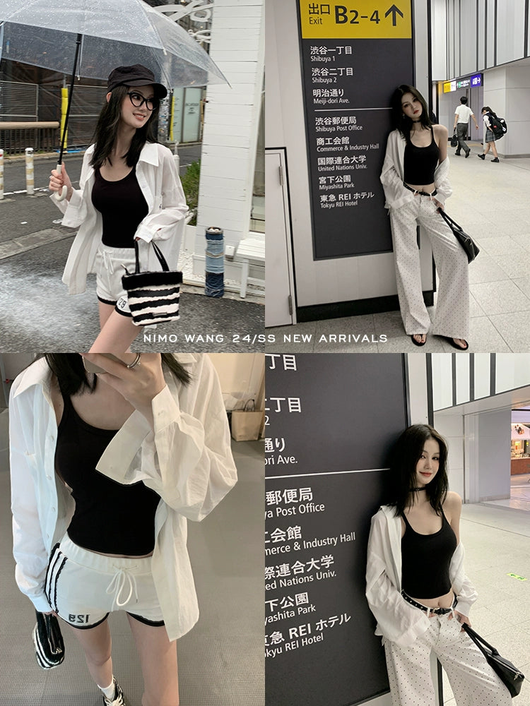 [Breathable] French White Shirt & Cardigan Set - Summer Sun Protection with Loose Pants