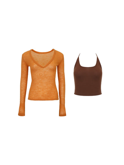 Rouzhiyin Knit Cover-Up & Halter Camisole Two-Piece Set – Hong Kong Retro Autumn