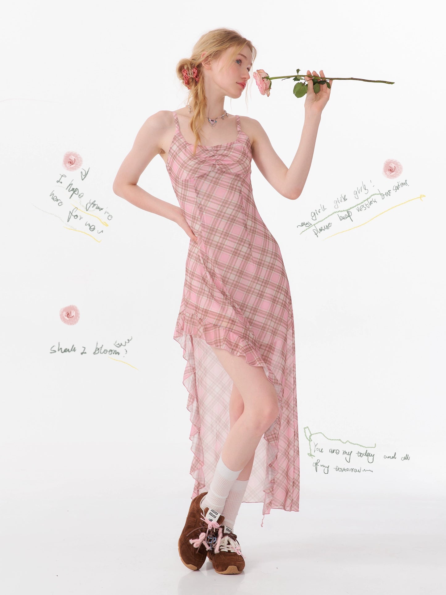 Pink Plaid Camisole Dress | Irregular Slim Fit Summer Design