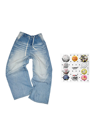Light Blue Mud-Dyed Badge Wide-Leg Jeans – Vintage Scratched Wash Denim