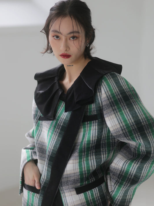 Green Striped Lace Collar Wool Cotton Jacket